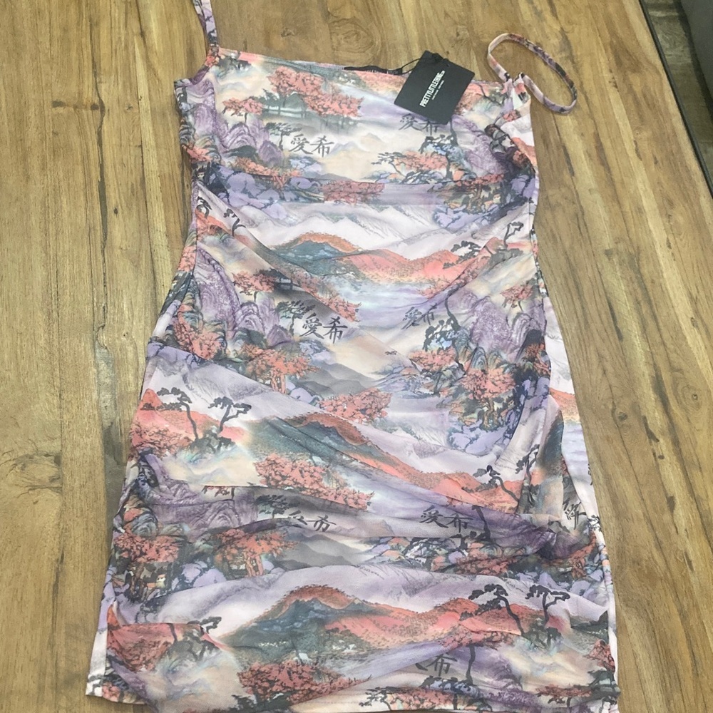 Sleeveless Lavender & Peach Print Cowl Neck Dress - Picture 3 of 4